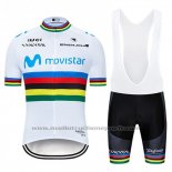 2019 Maillot Cyclisme UCI Monde Champion Movistar Blanc Bleu Manches Courtes et Cuissard