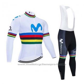 2020 Maillot Cyclisme UCI Monde Champion Movistar Blanc Bleu Manches Longues et Cuissard