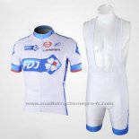 2010 Maillot Cyclisme FDJ Blanc et Bleu Clair Manches Courtes et Cuissard